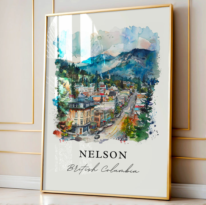 Nelson BC Wall Art, Nelson British Columbia Print, Nelson Watercolor, Selkirk Mountains Gift,