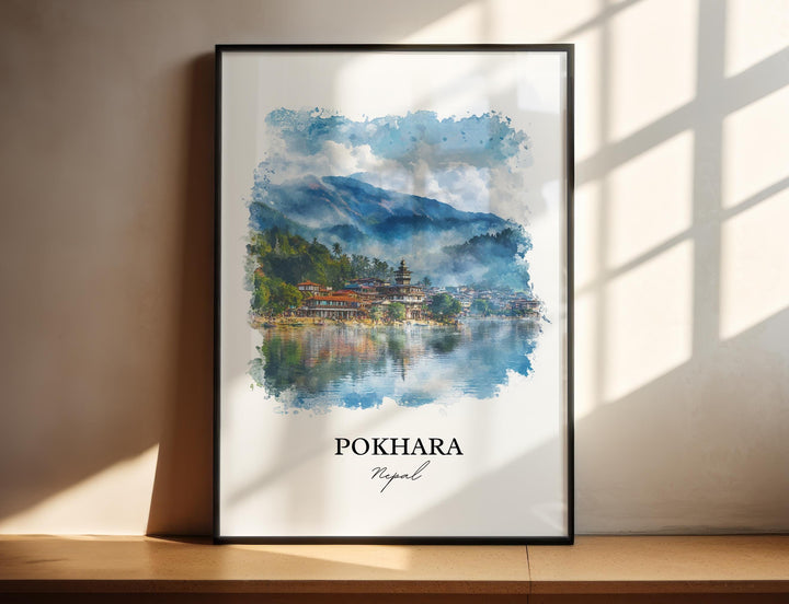 Pokhara Wall Art, Pokhara Nepal Print, Nepal Watercolor Art, Pokhara Nepal Gift, Travel Print, Travel Poster, Housewarming Gift