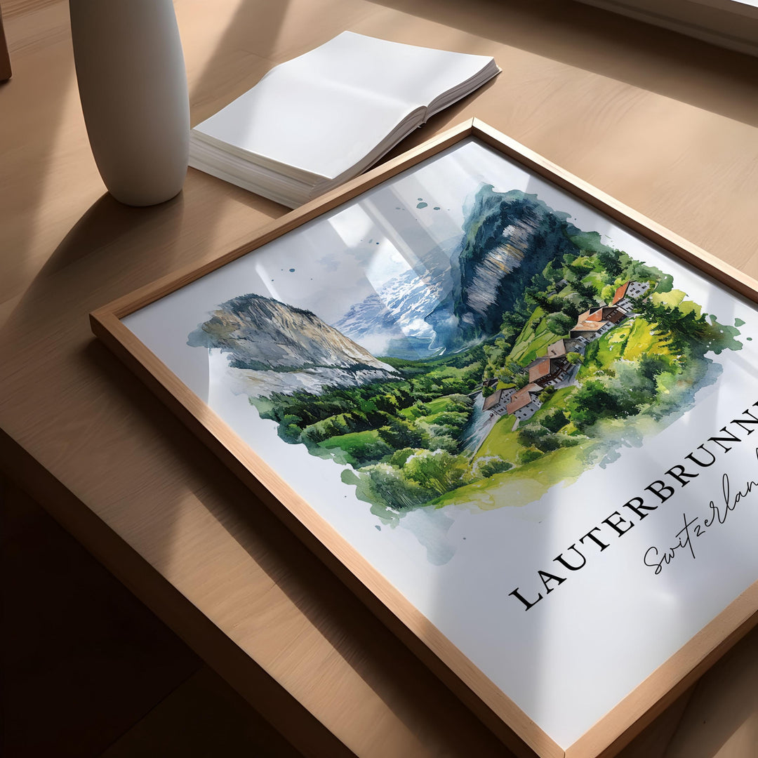 Lauterbrunnen Wall Art, Bern Print, Swiss Alps Watercolor Art, Lauterbrunnen Gift,