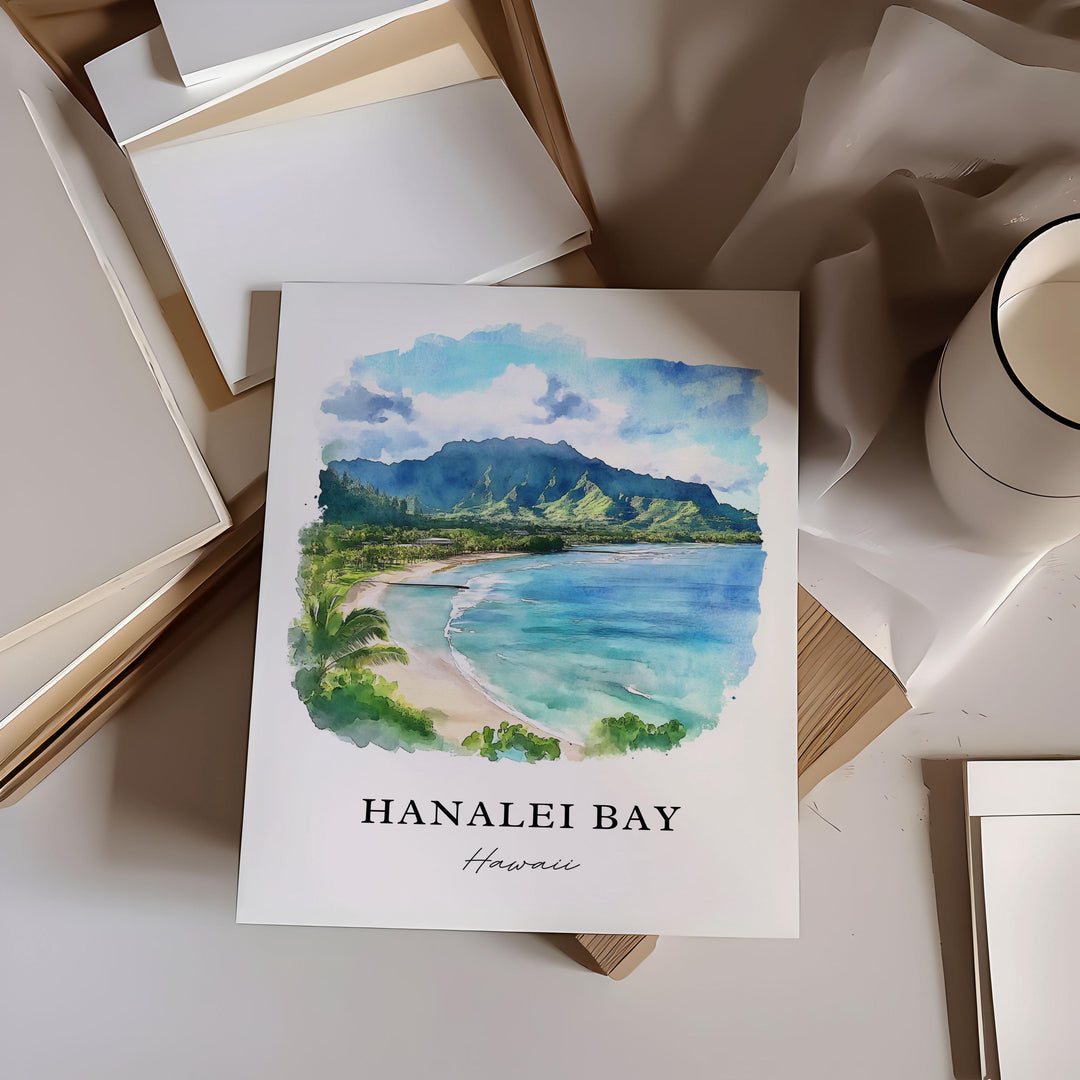 Hanalei Bay Wall Art, Hanalei Bay Print, Kauai Island Watercolor Art, Kauai Hawaii Gift,