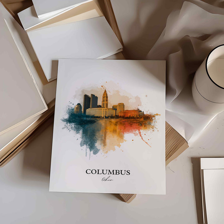 Columbus OH Wall Art, Columbus Print, Columbus Ohio Watercolor Art, Columbus Skyline Gift, Travel Print, Travel Poster, Housewarming Gift