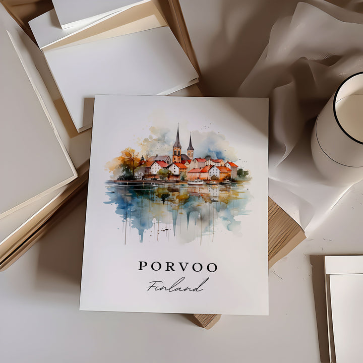 Porvoo traditional travel art - Finland, Porvoo poster print, Wedding gift, Birthday present, Custom Text, Perfect Gift