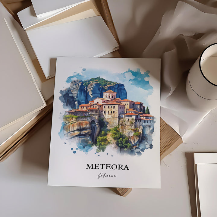 Meteora Wall Art, Meteora Greece Print, Greece Watercolor Art, Trikala Greece Gift, Travel Print, Travel Poster, Housewarming Gift