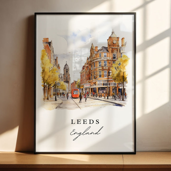 Leeds traditional travel art - England, Leeds poster, Wedding gift, Birthday present, Custom Text, Personalized Gift