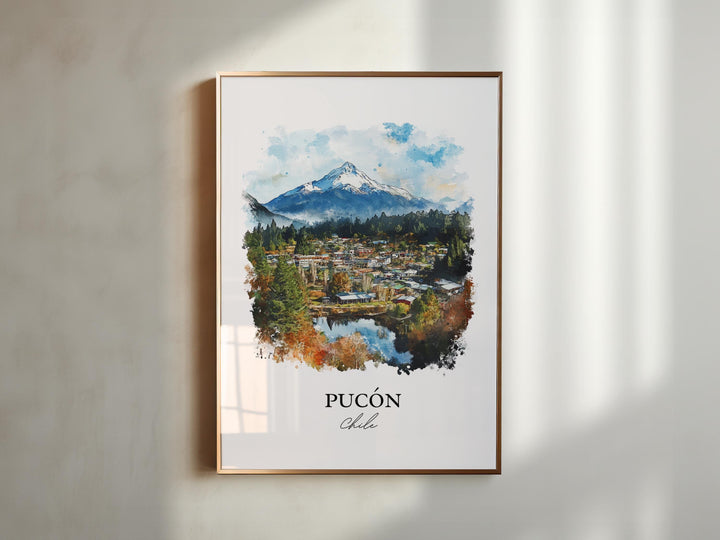 Pucón Chile Wall Art, Pucón Print, Lake Villarrica Watercolor Art, Pucón Chile Gift, Travel Print, Travel Poster, Housewarming Gift