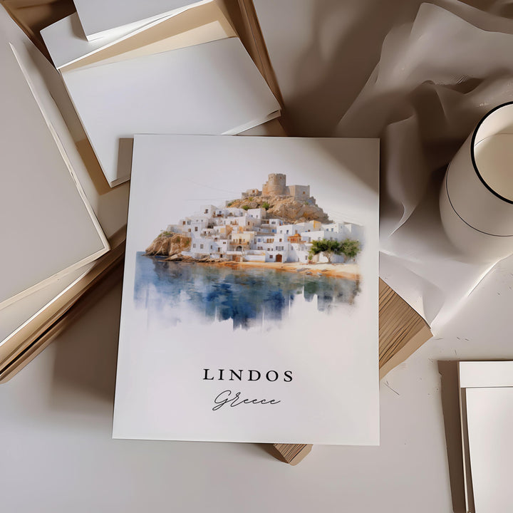 Lindos Greece wall art - Greece, Lindos poster, Lindos Wedding gift, Rhodes Greece Birthday present, Custom Text, Personalised Gift