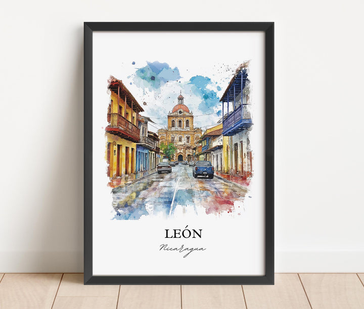 León Nicaragua Wall Art, León Print, Nicaragua Watercolor Art, Managua Gift, Travel Print, Travel Poster, Housewarming Gift