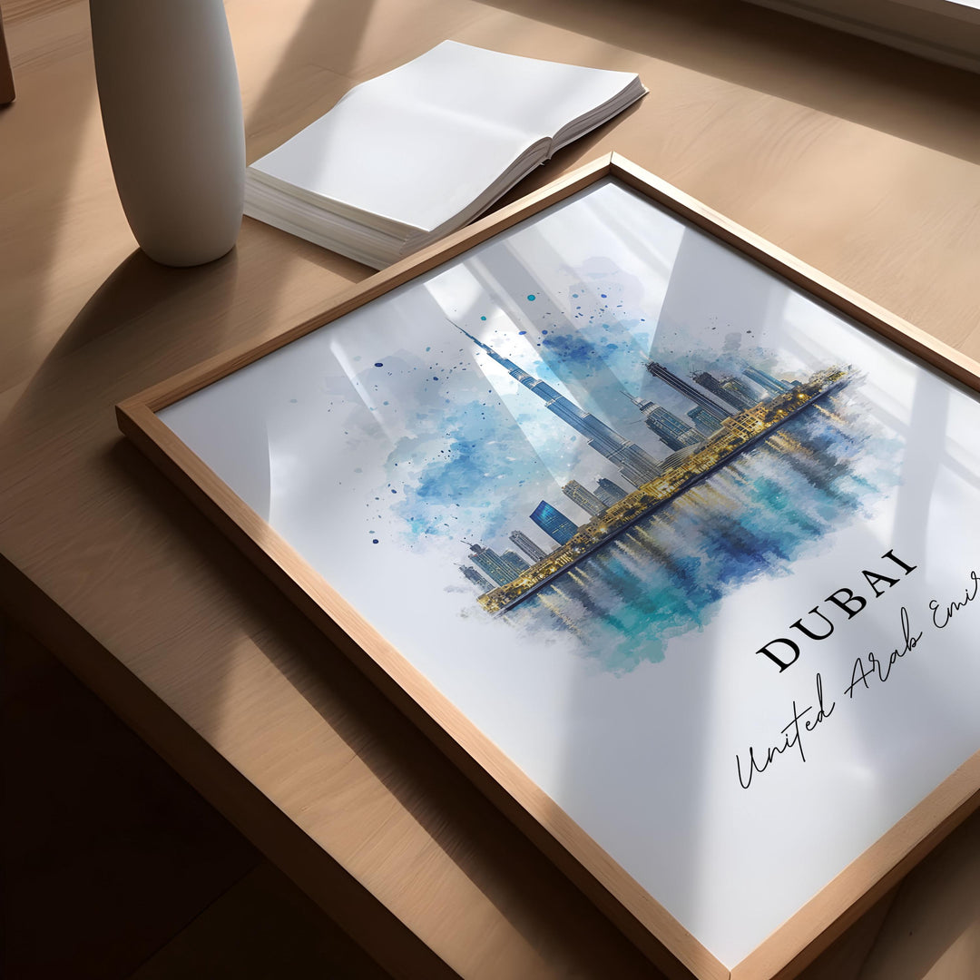Dubai UAE Wall Art, Dubai Print, Dubai Skyline Watercolor Art, United Arab Emirates Art Gift, Travel Poster, Housewarming Gift
