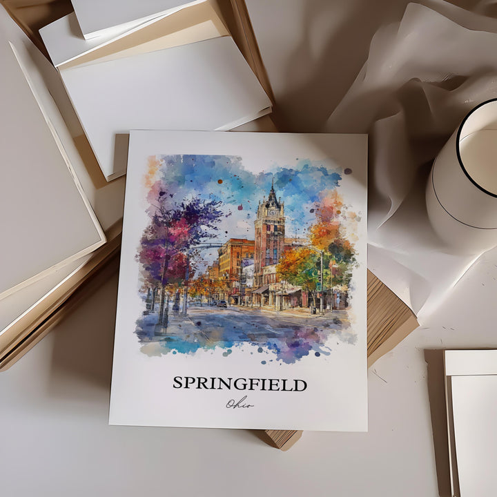 Springfield OH Wall Art, Clark County Ohio Print, Ohio Watercolor Art, Springfield Ohio Gift, Travel Print, Travel Poster, Housewarming Gift