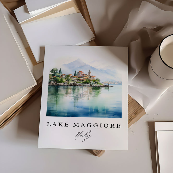 Lake Maggiore traditional travel art - Italy, Lake Maggiore poster print, Wedding gift, Birthday present, Custom Text, Perfect Gift