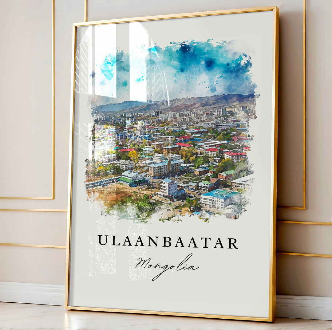 Ulaanbaatar watercolor travel art - Mongolia, Ulaanbatar print, Wedding gift, Birthday present, Custom Text, Perfect Gift