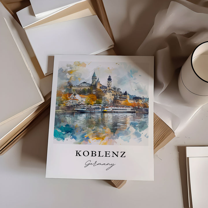 Koblenz Germany Art, Koblenz Print, Koblenz Watercolor Art, Rhine River Gift,