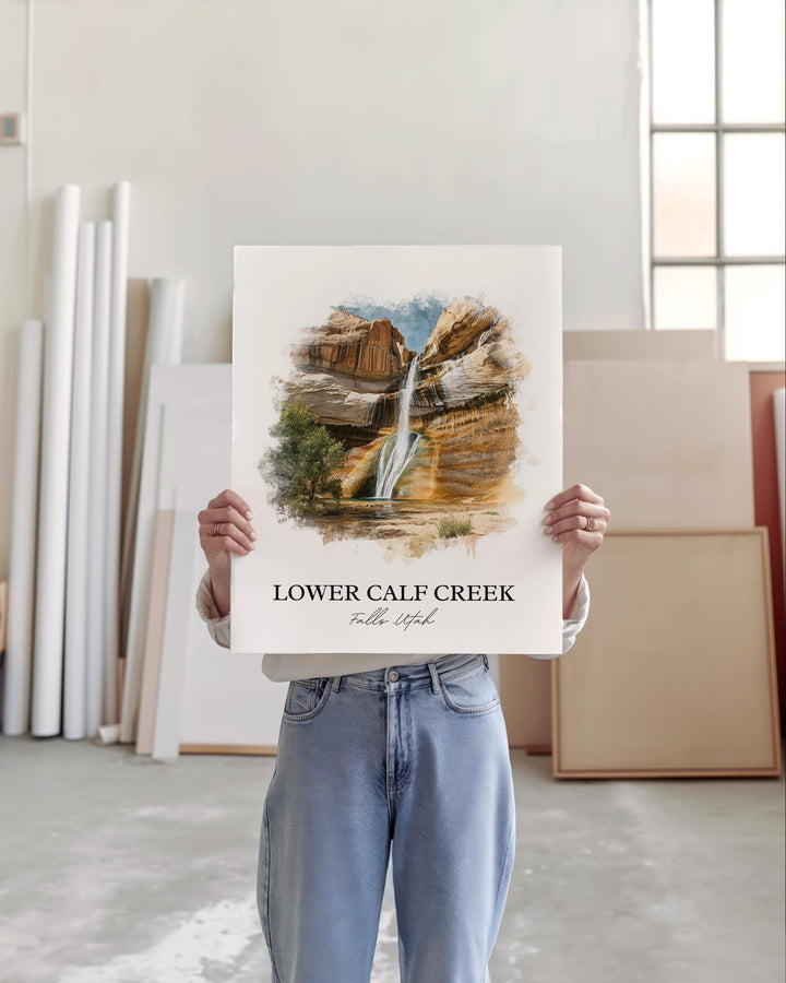 Lower Calf Creek Falls Art, Utah Print, Boulder UT Watercolor Art, Lower Calf Creek Gift, Travel Print, Travel Poster, Housewarming Gift