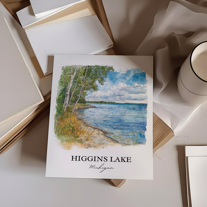 Higgins Lake MI Wall Art, Roscommon County Print, Michigan Watercolor Art, Higgins Lake Gift, Travel Print, Travel Poster, Housewarming Gift