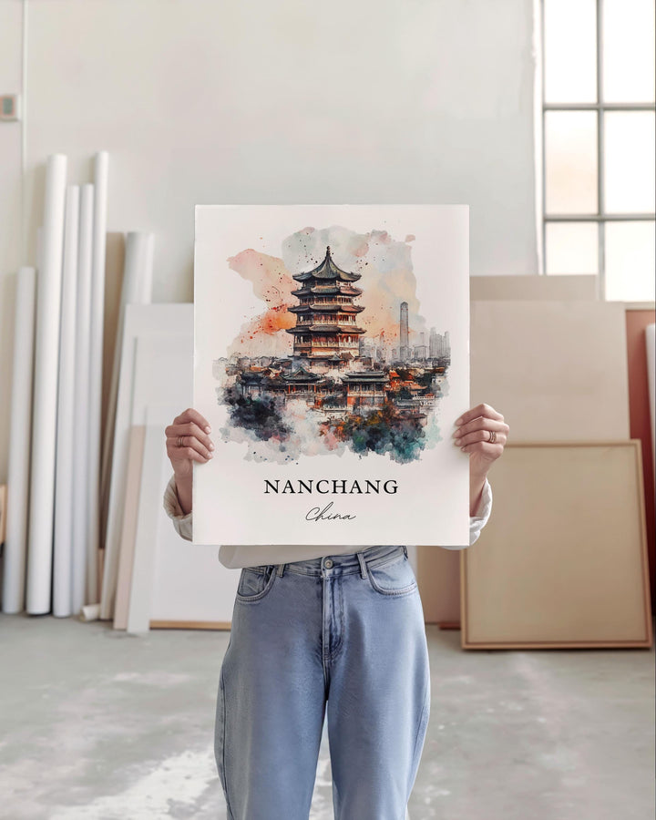 Nanchang Wall Art, Nanchang China Print, Jiangxi Province Watercolor Art, Jiangxi China Gift, Travel Print, Travel Poster, Housewarming Gift