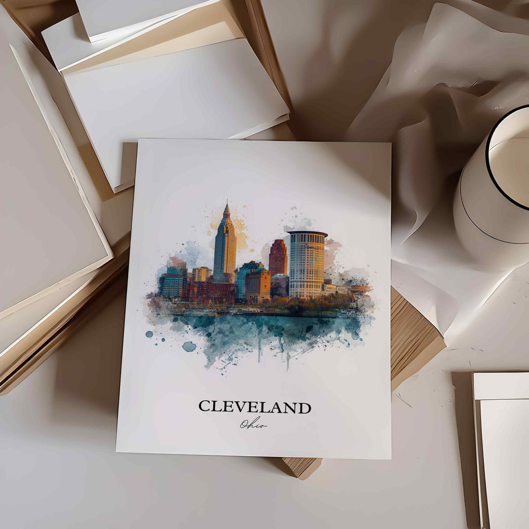 Cleveland, Ohio Art, Cleveland Print, Cleveland OH Watercolor Art, Cleveland Skyline Gift, Travel Print, Travel Poster, Housewarming Gift
