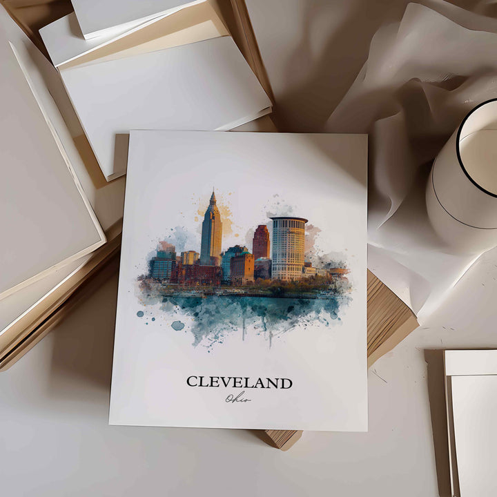 Cleveland, Ohio Art, Cleveland Print, Cleveland OH Watercolor Art, Cleveland Skyline Gift, Travel Print, Travel Poster, Housewarming Gift