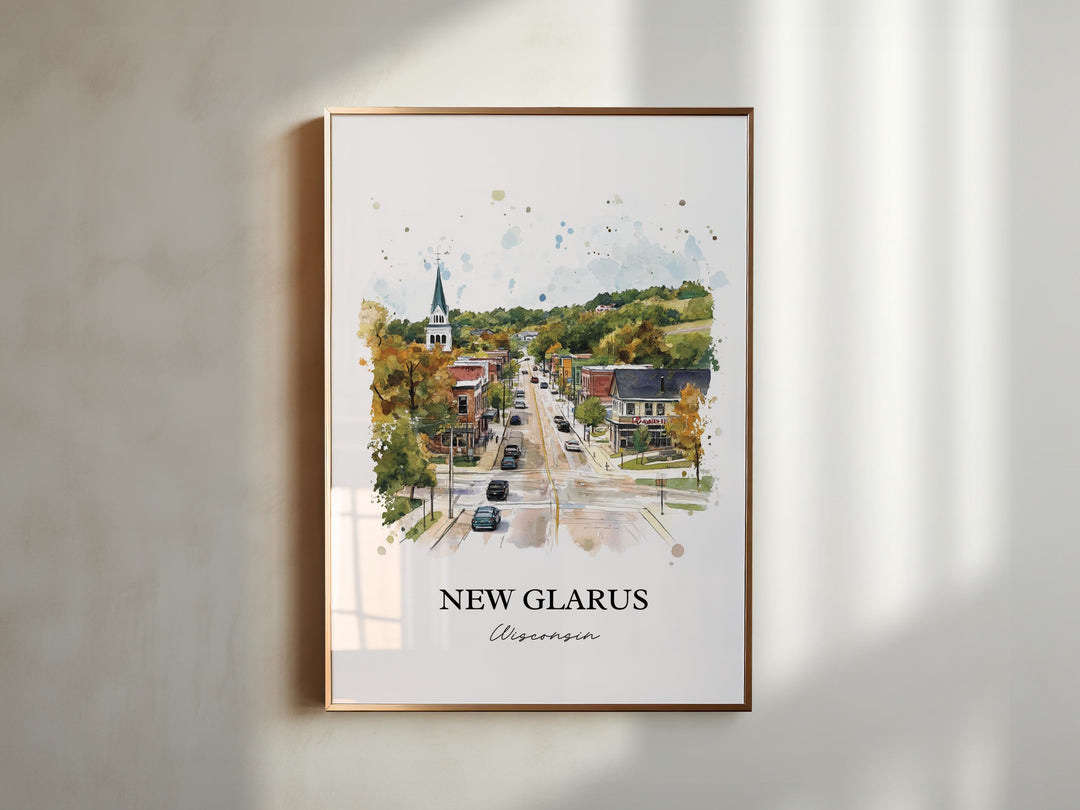 New Glarus Wall Art, New Glarus Print, Wisconsin Watercolor Art, New Glarus WI Gift, Travel Print, Travel Poster, Housewarming Gift