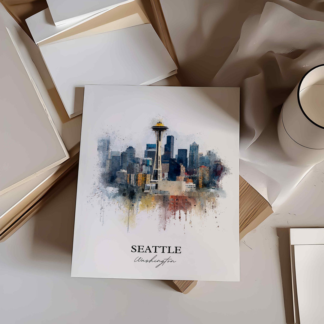 Seattle, Washington Wall Art, Seattle WA Print, Seattle Watercolor Art, Seattle Washington Skyline Gift, Travel Print, Travel Poster, Housewarming Gift