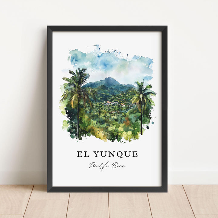 Watercolor travel art print of El Yunque National Forest, Puerto Rico featuring a lush tropical rainforest canopy with prominent palm trees and a mist-covered mountain peak in the background, displayed in a vertical black frame.