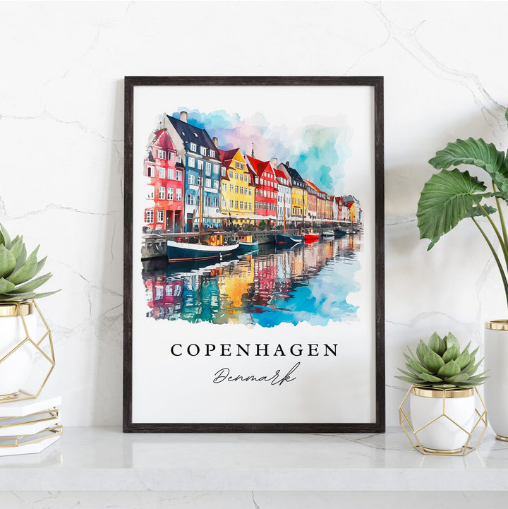 Copenhagen traditional travel art - Denmark, Copenhagen print, Wedding gift, Birthday present, Custom Text, Perfect Gift