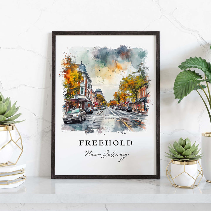 Freehold NJ watercolor art - New Jersey, Freehold print, Monmouth County Wedding gift, Birthday present, Custom Text, Perfect Gift