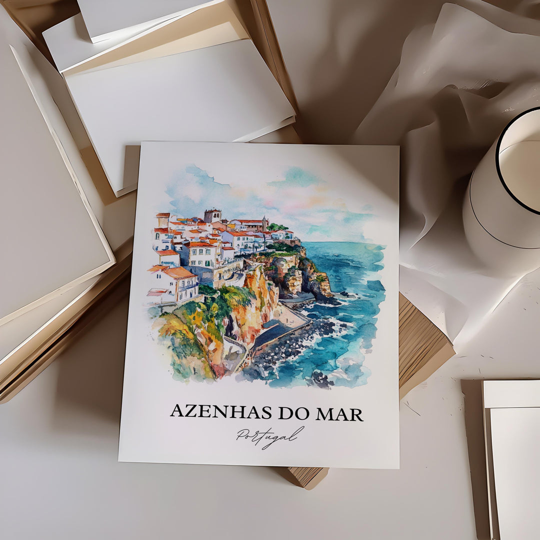 Azenhas Do Mar Wall Art, Sintra Print, Portugal Watercolor Art, Azenhas Do Mar Gift, Travel Print, Travel Poster, Housewarming Gift