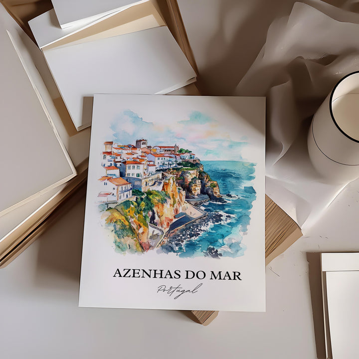 Azenhas Do Mar Wall Art, Sintra Print, Portugal Watercolor Art, Azenhas Do Mar Gift, Travel Print, Travel Poster, Housewarming Gift