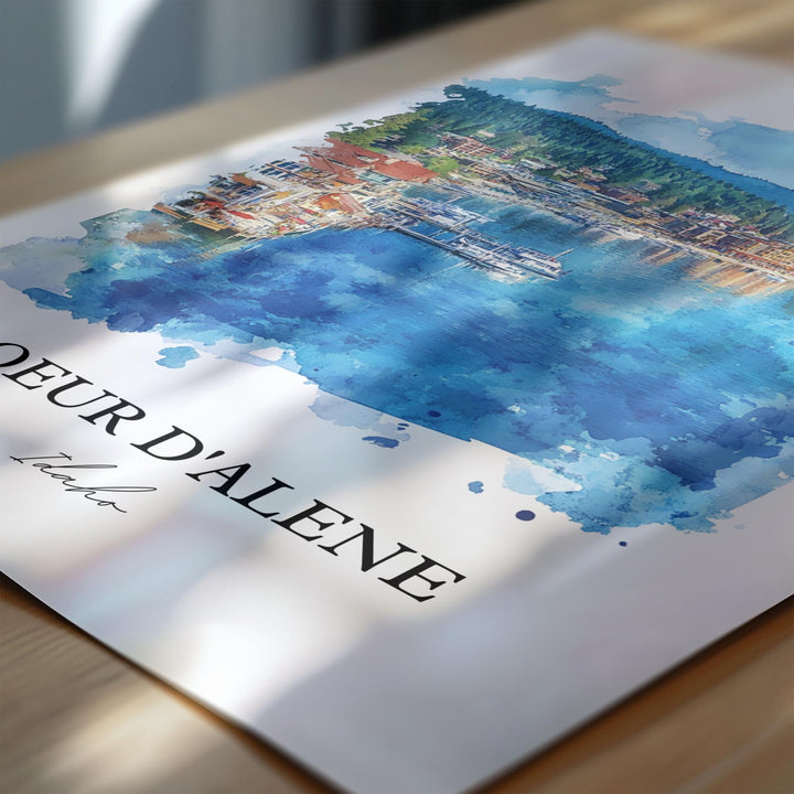 Coeur D'Alene Wall Art, Coeur D'Alene ID Print, Idaho Watercolor Art, Coeur D'Alene Gift, Travel Print, Travel Poster, Housewarming Gift