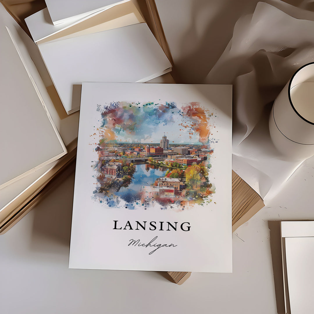 Lansing MI Wall Art, Lansing Print, Lansing Watercolor Art, Lansing Michigan Gift,