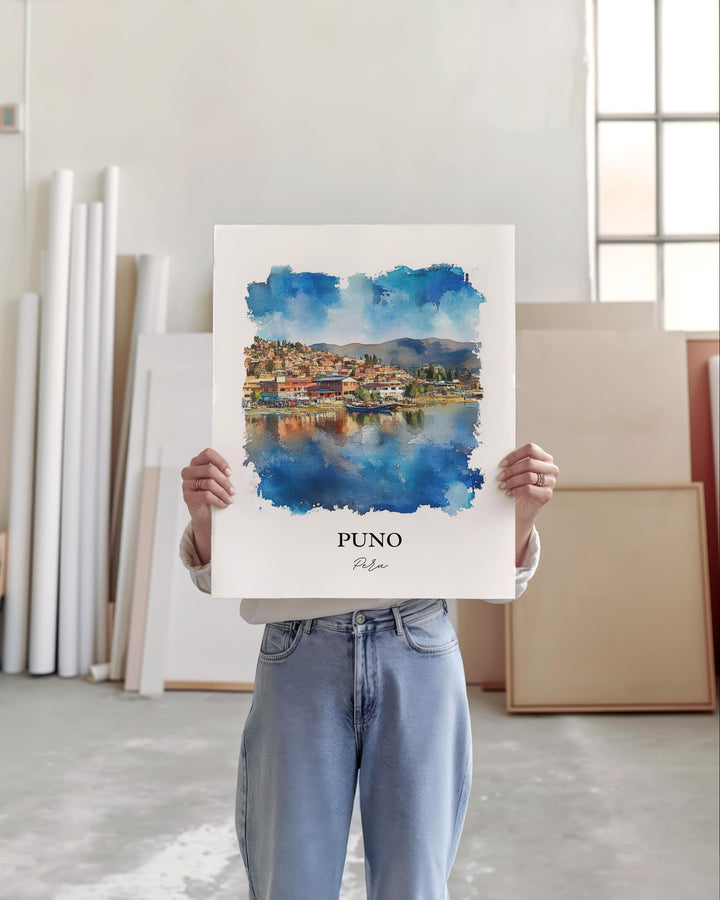 Puno Peru Wall Art, Lake Titicaca Print, Peru Watercolor Art, Puno Peru Gift, Travel Print, Travel Poster, Housewarming Gift