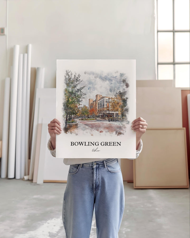 Bowling Green Wall Art, Wood County OH Print, Ohio Watercolor Art, Bowling Green OH Gift, Travel Print, Travel Poster, Housewarming Gift
