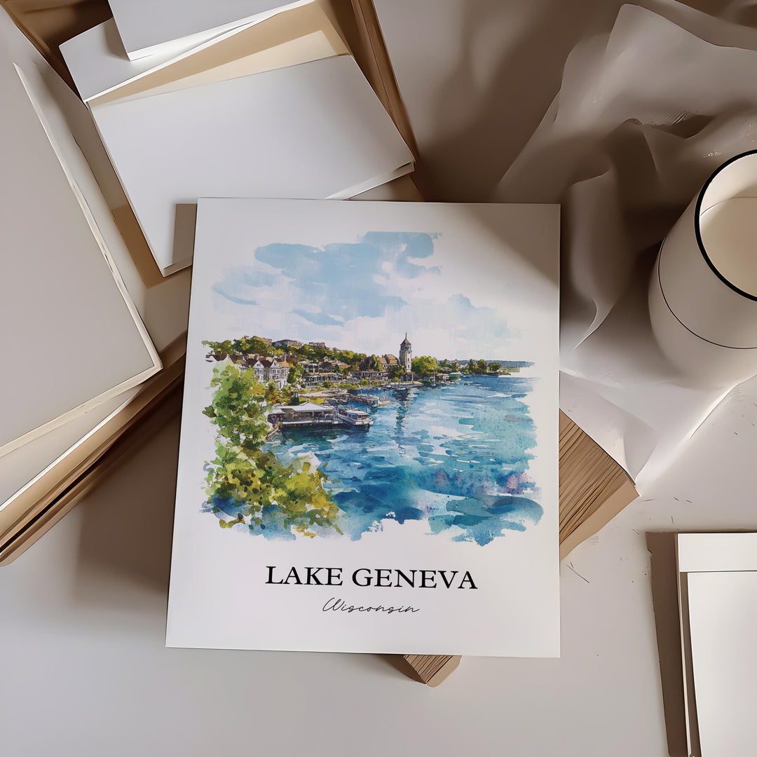 Lake Geneva WI Wall Art, Geneva Lake Print, Wisconsin Watercolor Art, Lake Geneva Gift, Travel Print, Travel Poster, Housewarming Gift
