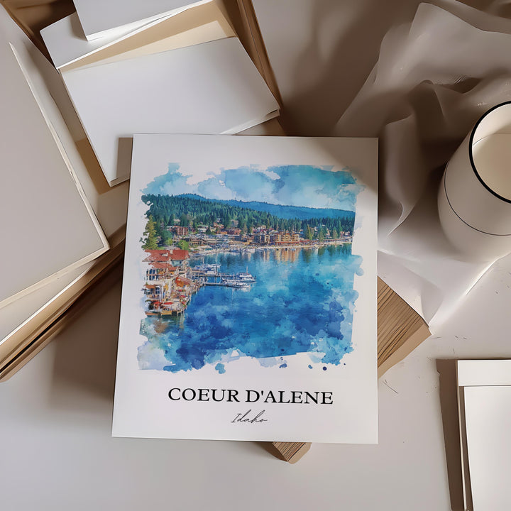 Coeur D'Alene Wall Art, Coeur D'Alene ID Print, Idaho Watercolor Art, Coeur D'Alene Gift, Travel Print, Travel Poster, Housewarming Gift