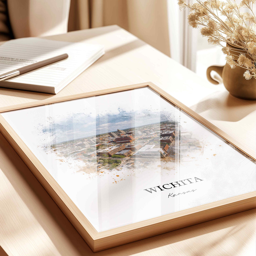 Wichita KS Wall Art, Wichita Print, Wichita Watercolor Art, Wichita Kansas Skyline Gift, Travel Print, Travel Poster, Housewarming Gift
