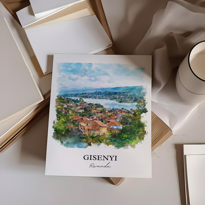Gisenyi Wall Art, Gisenyi Rwanda Print, Rwanda Watercolor Art, Lake Kivu Gift, Travel Print, Travel Poster, Housewarming Gift