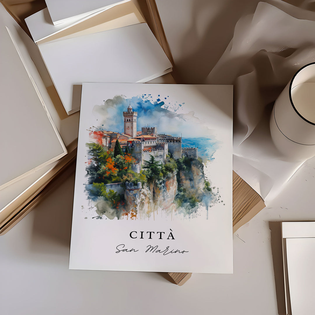 Citta San Marino watercolor travel art - San Marino, Italy print, Wedding gift, Birthday present, Custom Text, Perfect Gift