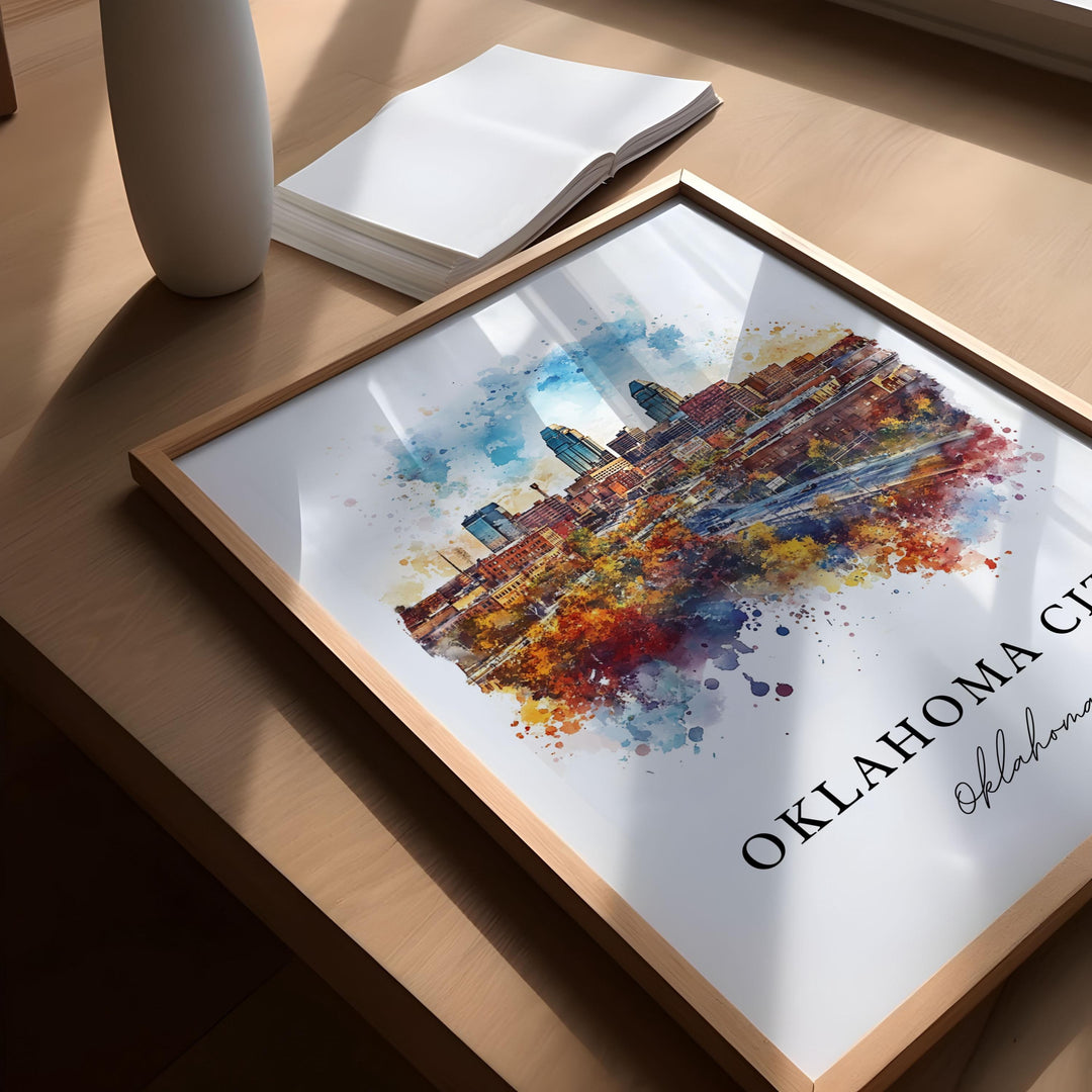 Oklahoma City Wall Art, OKC Print, Oklahoma City Watercolor Art, OKC Skyline Gift,