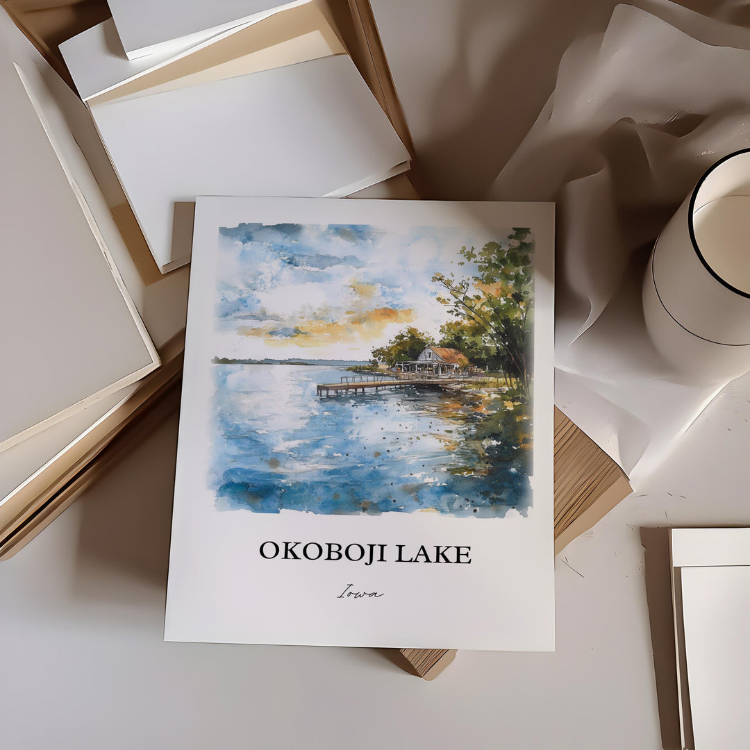 Okoboji Lake Wall Art, Dickinson County Print, Iowa Watercolor Art, Okoboji Lake Gift, Travel Print, Travel Poster, Housewarming Gift