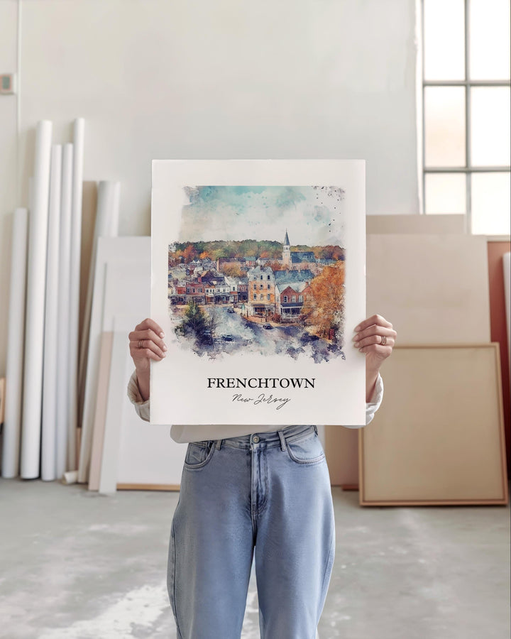 Frenchtown NJ Wall Art, Hunterdon County Print, NJ Towns Watercolor Art, Frenchtown NJ Gift, Travel Print, Travel Poster, Housewarming Gift