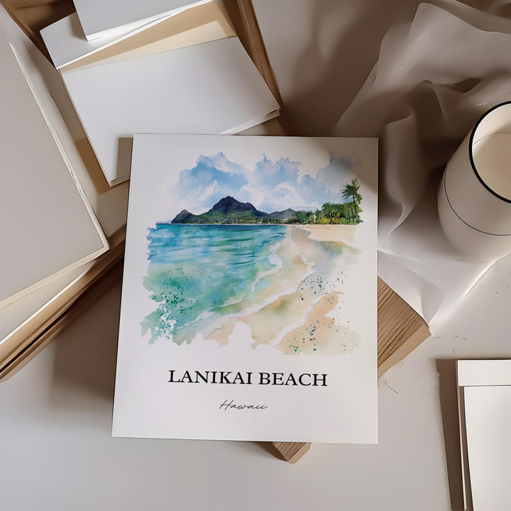 Lanikai Beach Wall Art, Kailua Print, Mokulua Islands Watercolor Art, Lanikai Beach Gift, Travel Print, Travel Poster, Housewarming Gift