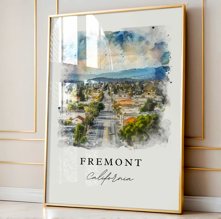 Fremont CA watercolor wall art - California, Fremont print, Fremont Cali Wedding gift, Birthday present, Custom Text, Perfect Gift