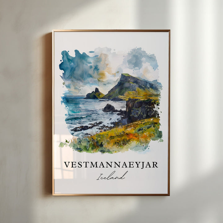 Vestmannaeyjar Wall Art, Iceland Print, Vestmannaeyjar Watercolor, Heimaey Iceland Gift,