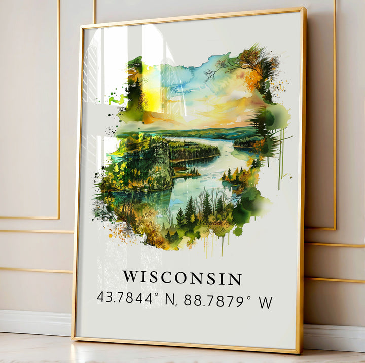 Wisconsin art - Wisconsin print with coordinates, Framed and Unframed Options - Wedding gift, Birthday present, Personalization Available