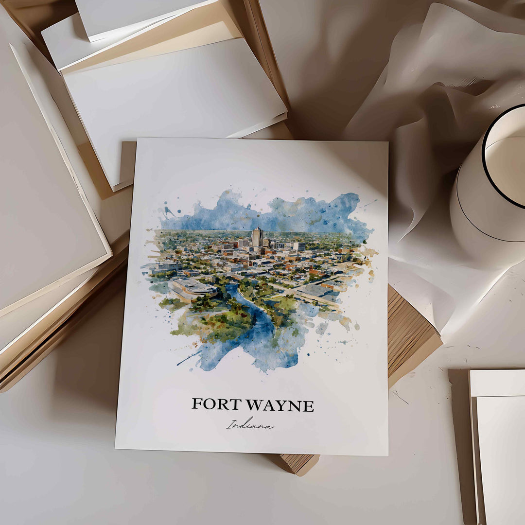 Fort Wayne Wall Art, Indiana Print, Indiana Watercolor Art, Fort Wayne Skyline Gift, Travel Print, Travel Poster, Housewarming Gift