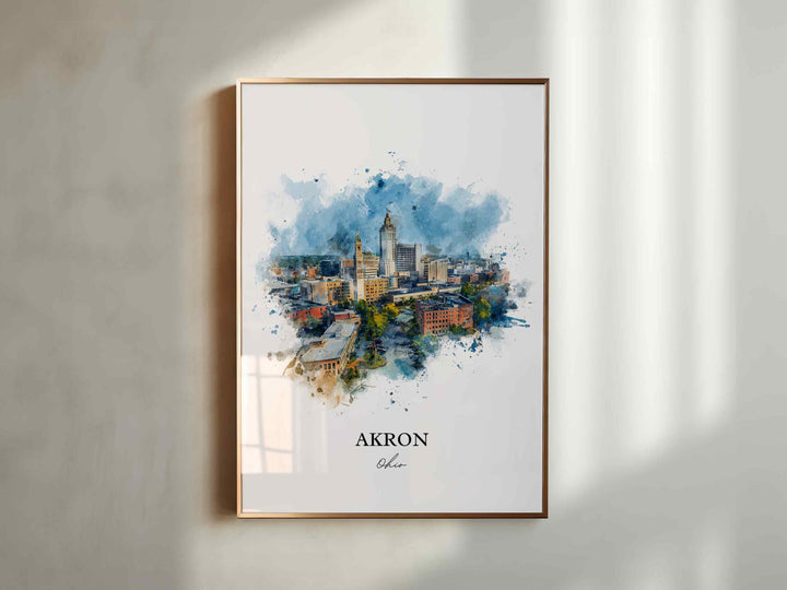 Akron, Ohio Wall Art, Akron Print, Akron Watercolor Art, Akron Ohio Skyline Gift, Travel Print, Travel Poster, Housewarming Gift