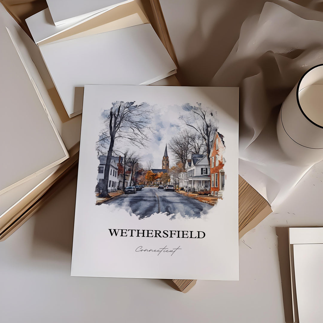 Wethersfield CT Wall Art, Hartford Print, Connecticut Watercolor Art, Wethersfield Gift, Travel Print, Travel Poster, Housewarming Gift