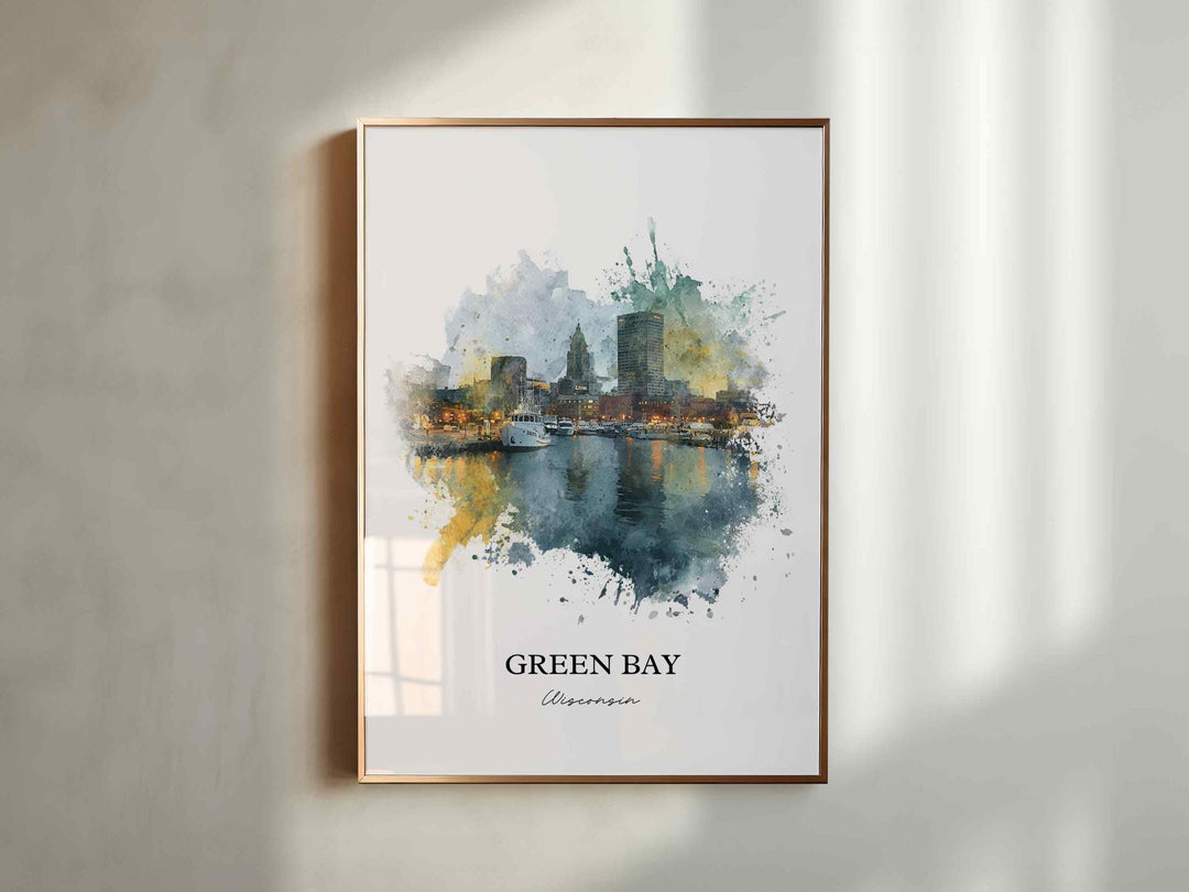 Green Bay WI Wall Art, Green Bay Print, Green Bay Watercolor Art, Green Bay Wisconsin Gift, Travel Print, Travel Poster, Housewarming Gift