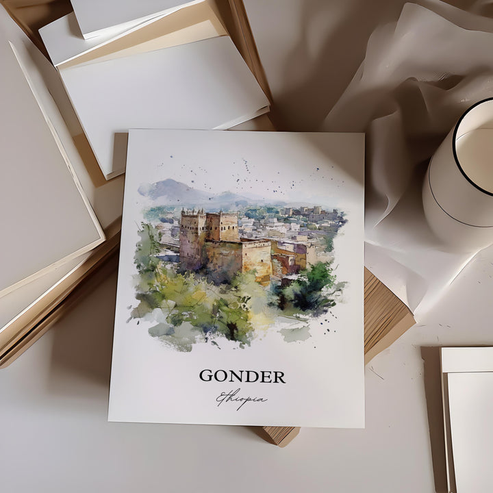 Gonder Ethiopia Wall Art, Amhara Region Print, Ethiopia Watercolor Art, Gondar Gift, Travel Print, Travel Poster, Housewarming Gift