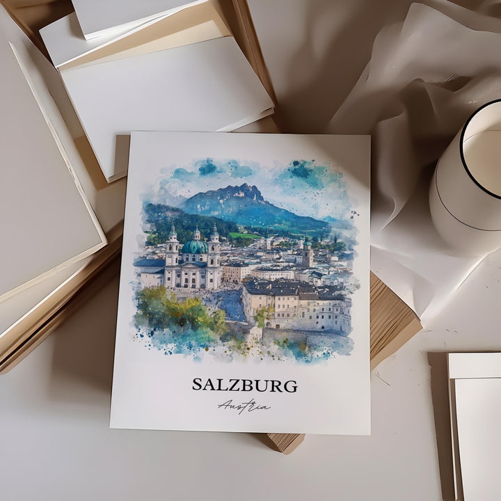 Salzburg Wall Art, Austria Print, Austria Watercolor Art, Salzburg Gift, Travel Print, Travel Poster, Housewarming Gift